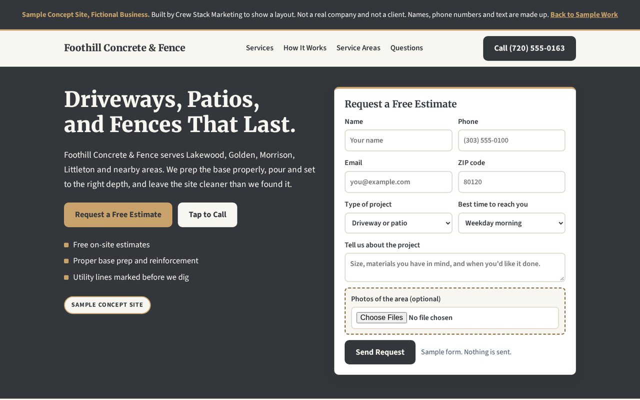 Preview of the headline and estimate form from the Foothill Concrete & Fence sample concept site, a fictional business