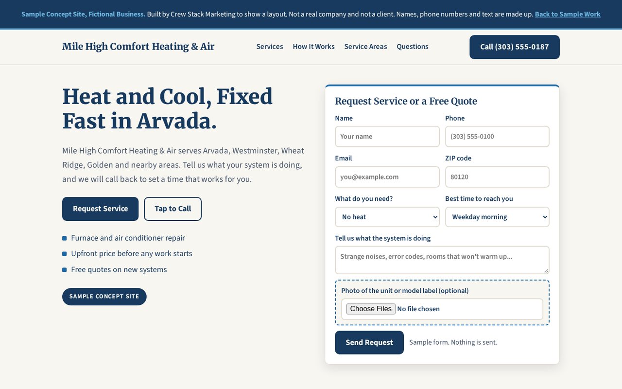 Preview of the headline and estimate form from the Mile High Comfort Heating & Air sample concept site, a fictional business