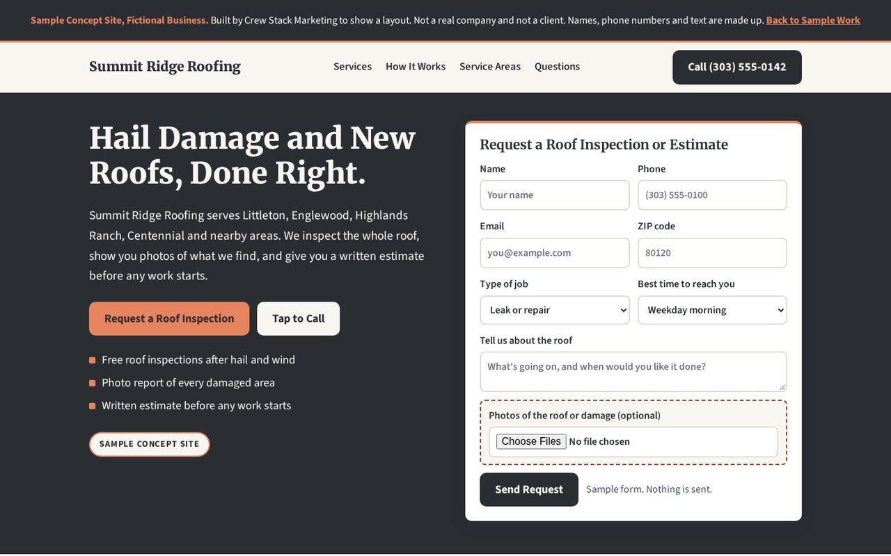 Preview of the headline and estimate form from the Summit Ridge Roofing sample concept site, a fictional business